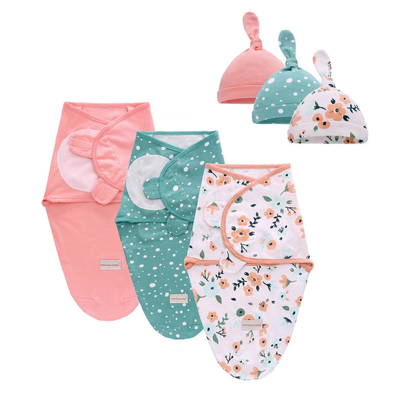 Velcro Swaddles and Matching Hats- Set of 3